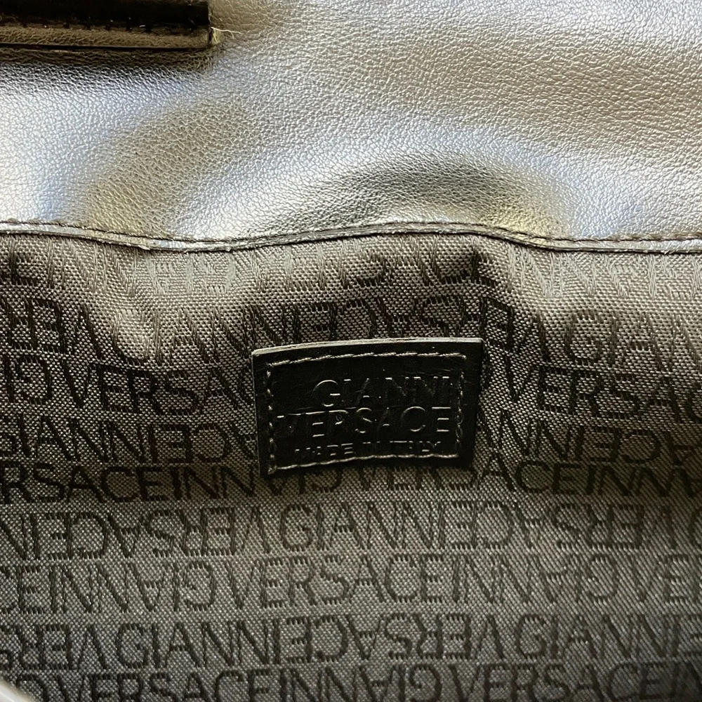 VERSACE La Medusa Black Leather Small Travel Bag w/ Silver Logo Clasp GUC